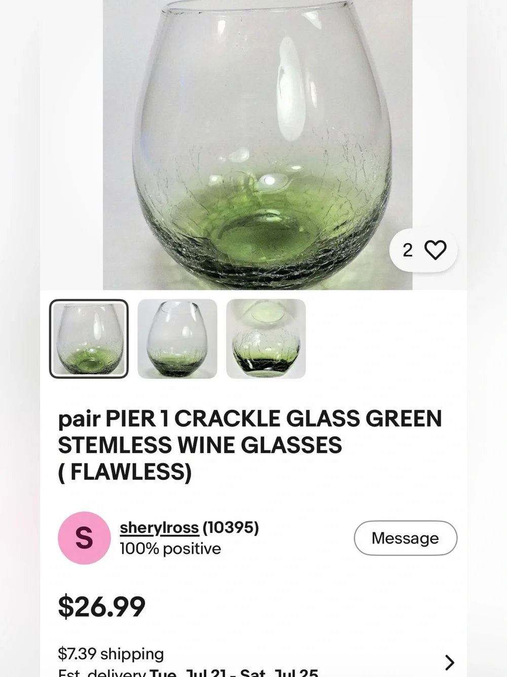 2- Pier 1 Crackle Stemless Wine Glasses, Green Ombre
